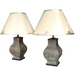 Exceptional Asian Heavy Etched Bronze Table Lamps