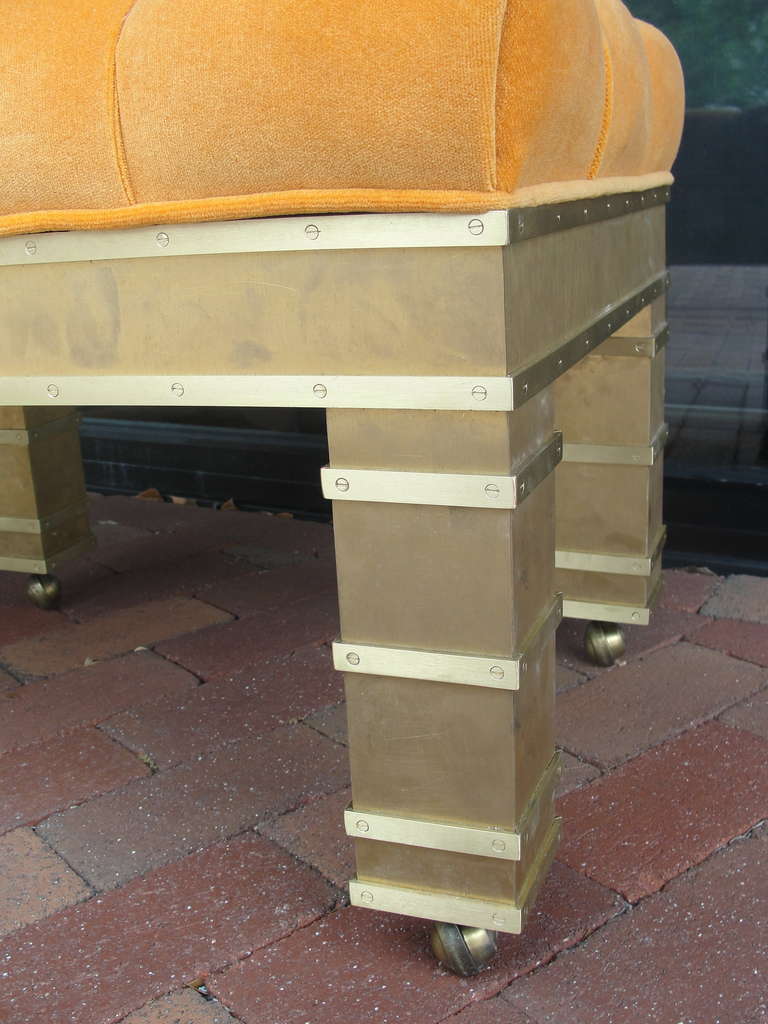 American Pair of Custom Brass Ottomans with Orange Mohair Upholstery