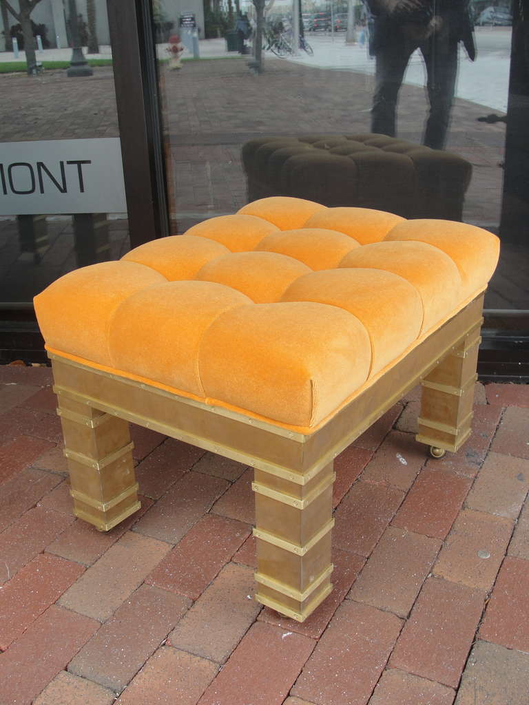 Pair of Custom Brass Ottomans with Orange Mohair Upholstery In Excellent Condition In East Hampton, NY