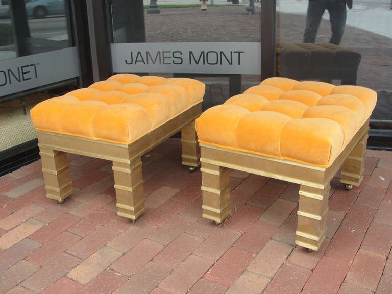 20th Century Pair of Custom Brass Ottomans with Orange Mohair Upholstery