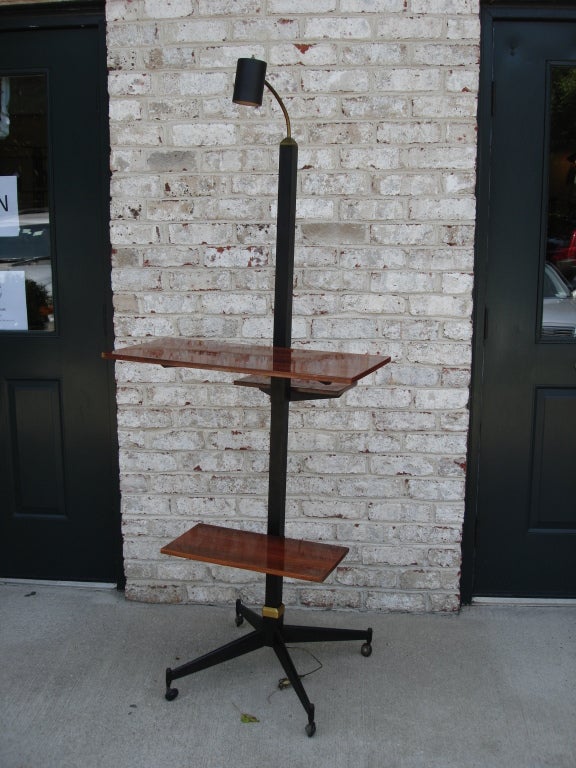 Three tiers for displaying art, sculpture or books, this outstanding easel style shelf is on originals wheels and articulated spot light.
