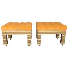 Vintage Pair of Custom Brass Ottomans with Orange Mohair Upholstery