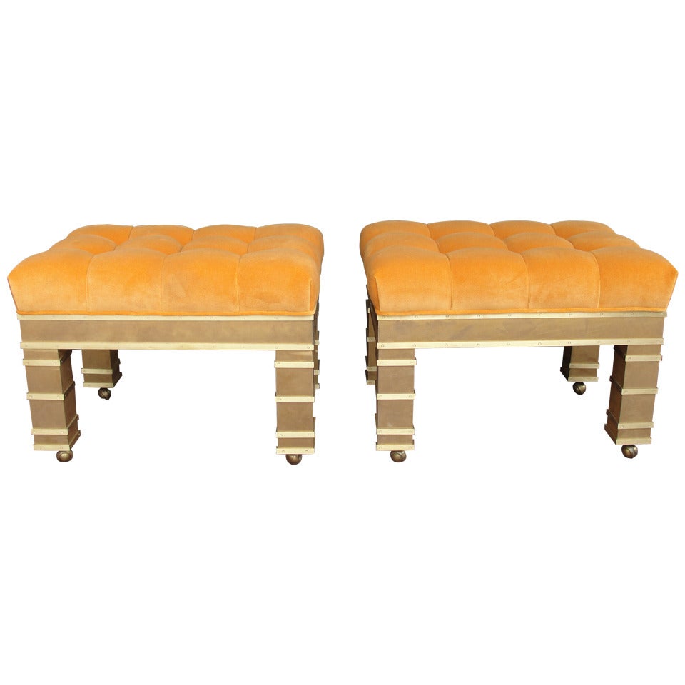 Pair of Custom Brass Ottomans with Orange Mohair Upholstery