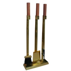Heavy Brass and Teak Fireplace Tools