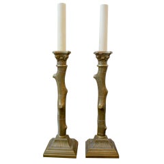 Pair of Bronze Faux Bois Candlstick Table Lamps