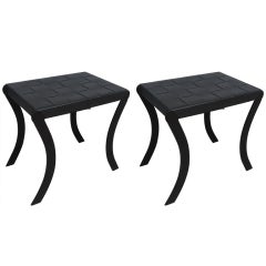 Pair of Iron and Woven Leather Top Benches