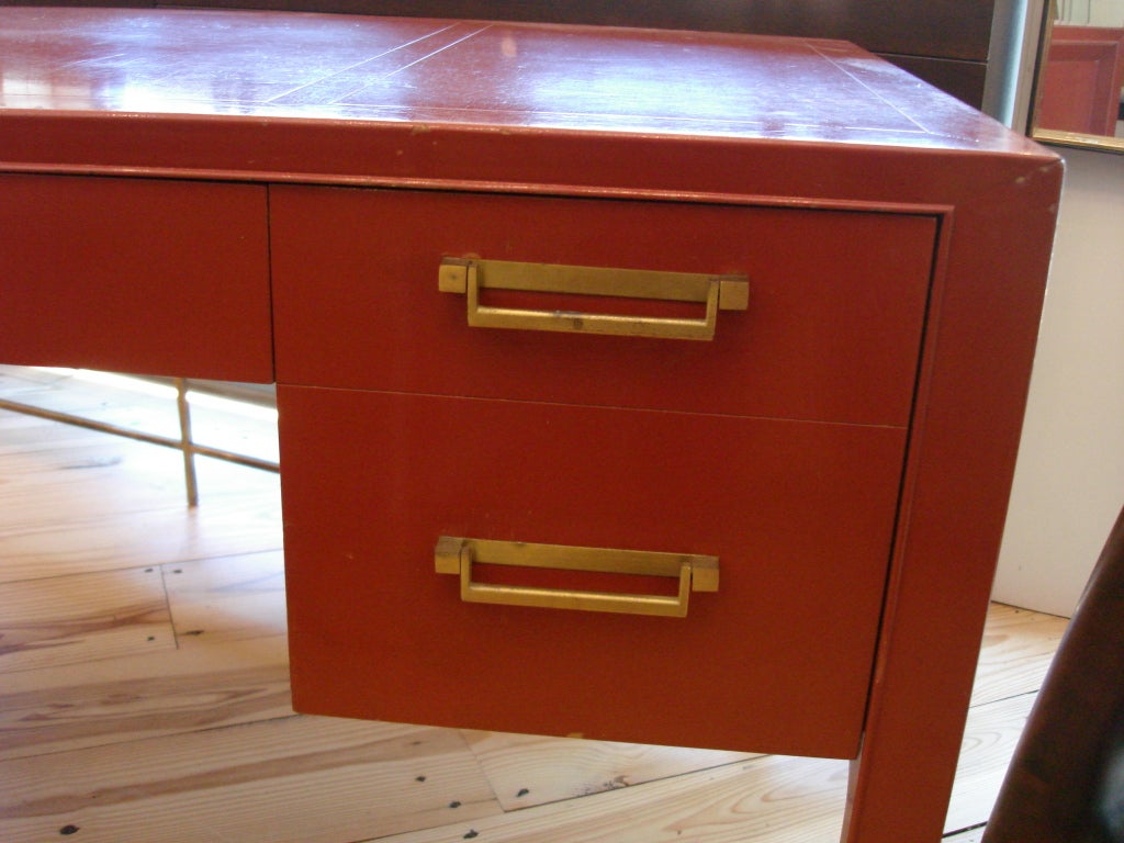 Beautiful original paint on this 5-drawer Asian Style desk by Baker (Metal tag). Paint showing distress and signs of use.  Still a beautiful look! Sold as is.

Also comes with desk chair in Asian style shown in picture #3
CHAIR Dimensions:  20