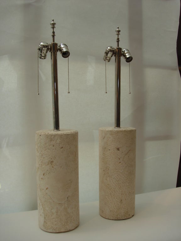 Exceptional Pair of Coquina Stone Cylinder Lamps