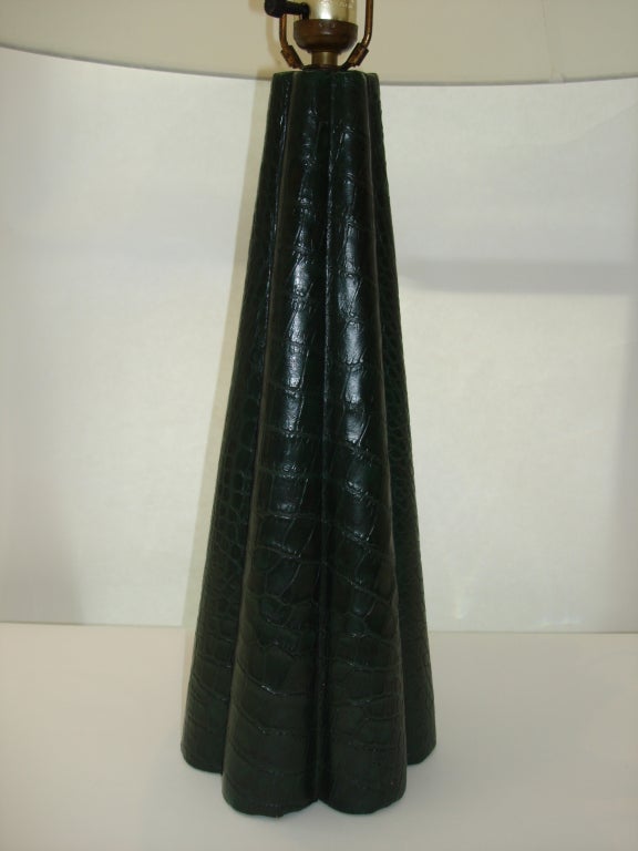French Crocodile Embossed Green Leather Lamp, Attributed to Dupre Lafon