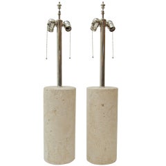 Exceptional Pair of Coquina Stone Cylinder Lamps