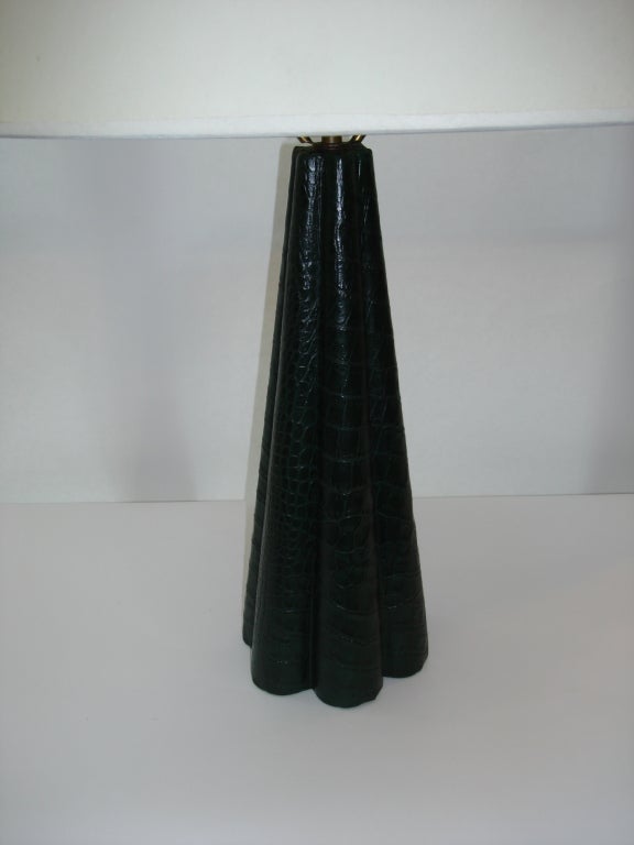 Mid-20th Century Crocodile Embossed Green Leather Lamp, Attributed to Dupre Lafon