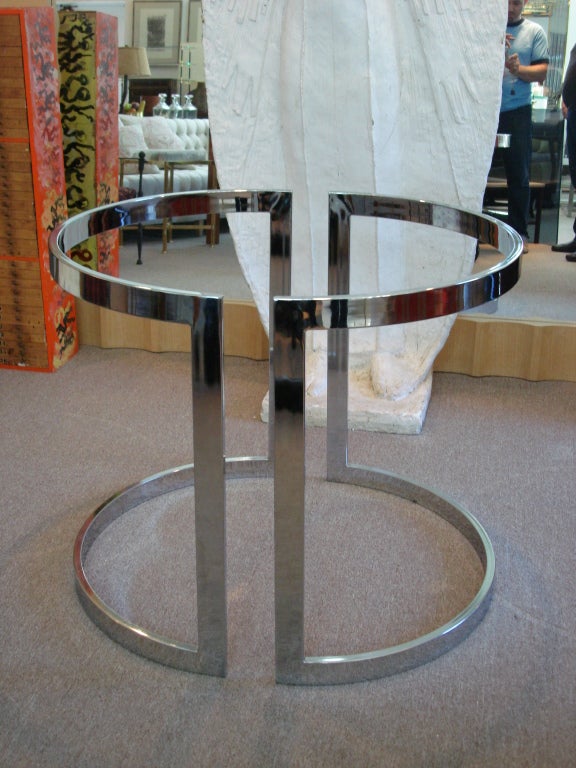 Two semi-circle heavy chrome table bases can be configured to accommodate any shape of glass top.  SEE DETAILED IMAGES.
