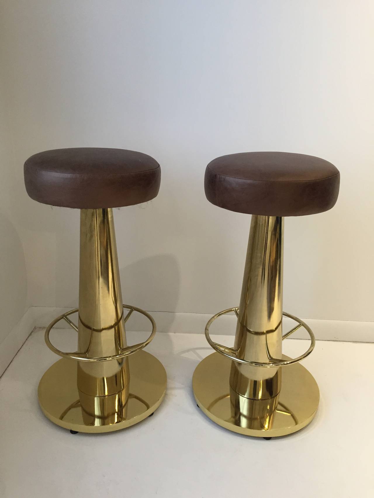 American Pair of Heavy Brass-Plated Bar Stools from the Delano Hotel, South Beach