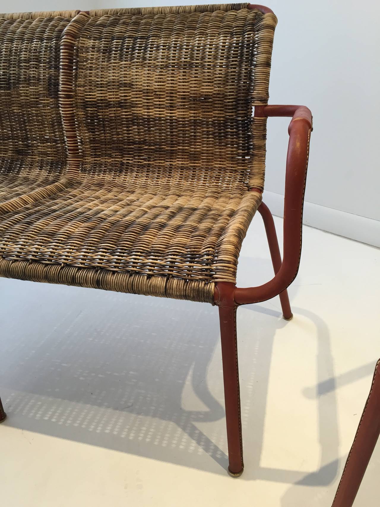 Jacques Adnet Early Stitched Leather and Wicker Set In Good Condition In East Hampton, NY