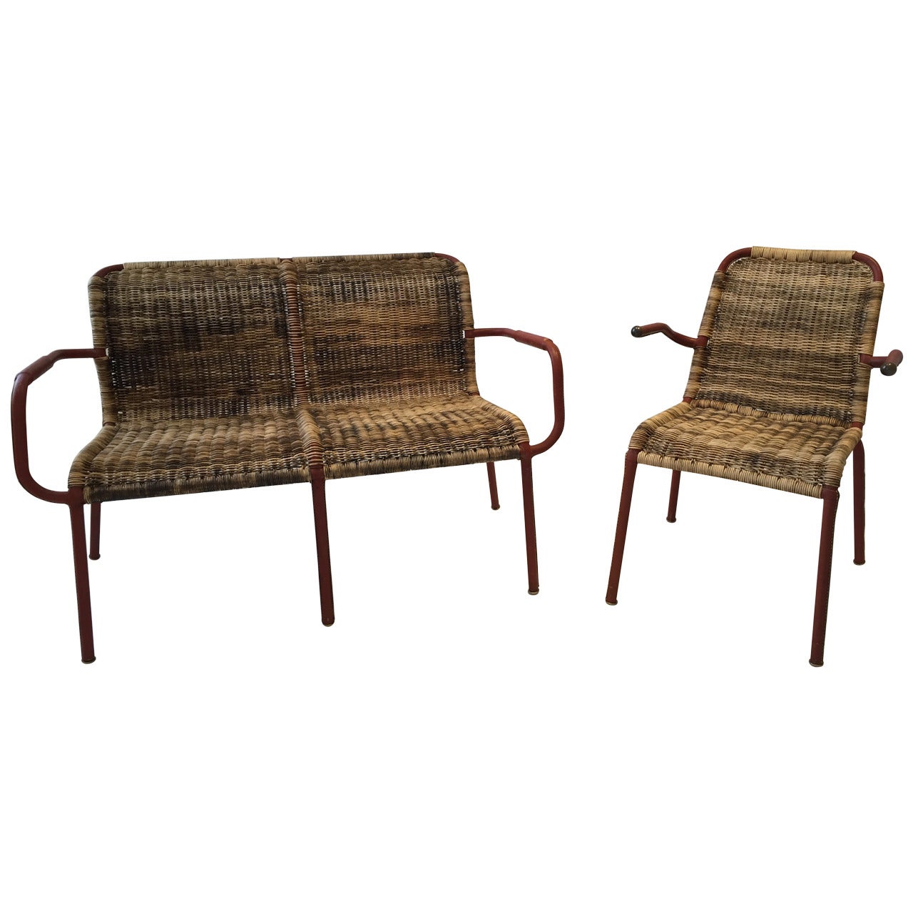 Jacques Adnet Early Stitched Leather and Wicker Set