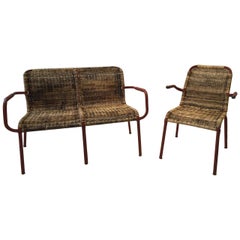 Retro Jacques Adnet Early Stitched Leather and Wicker Set