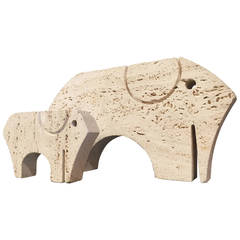 Pair of Carved Travertine Elephant Table Sculptures