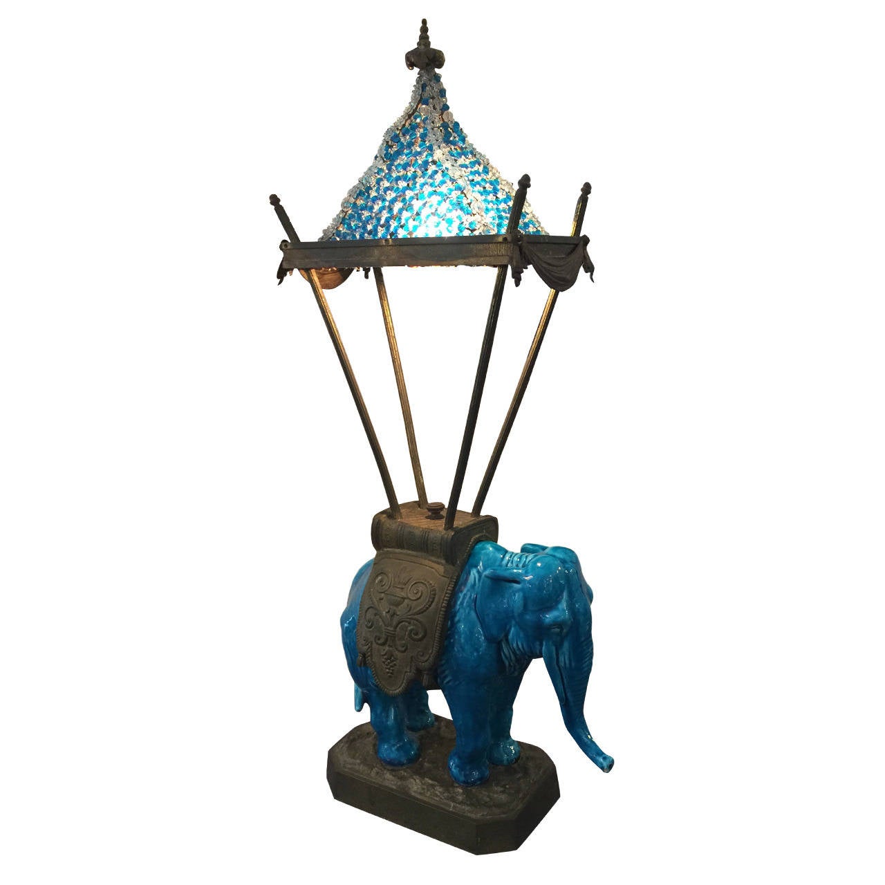 Delightful English Blue Ceramic Elephant Table Lamp For Sale at 1stdibs