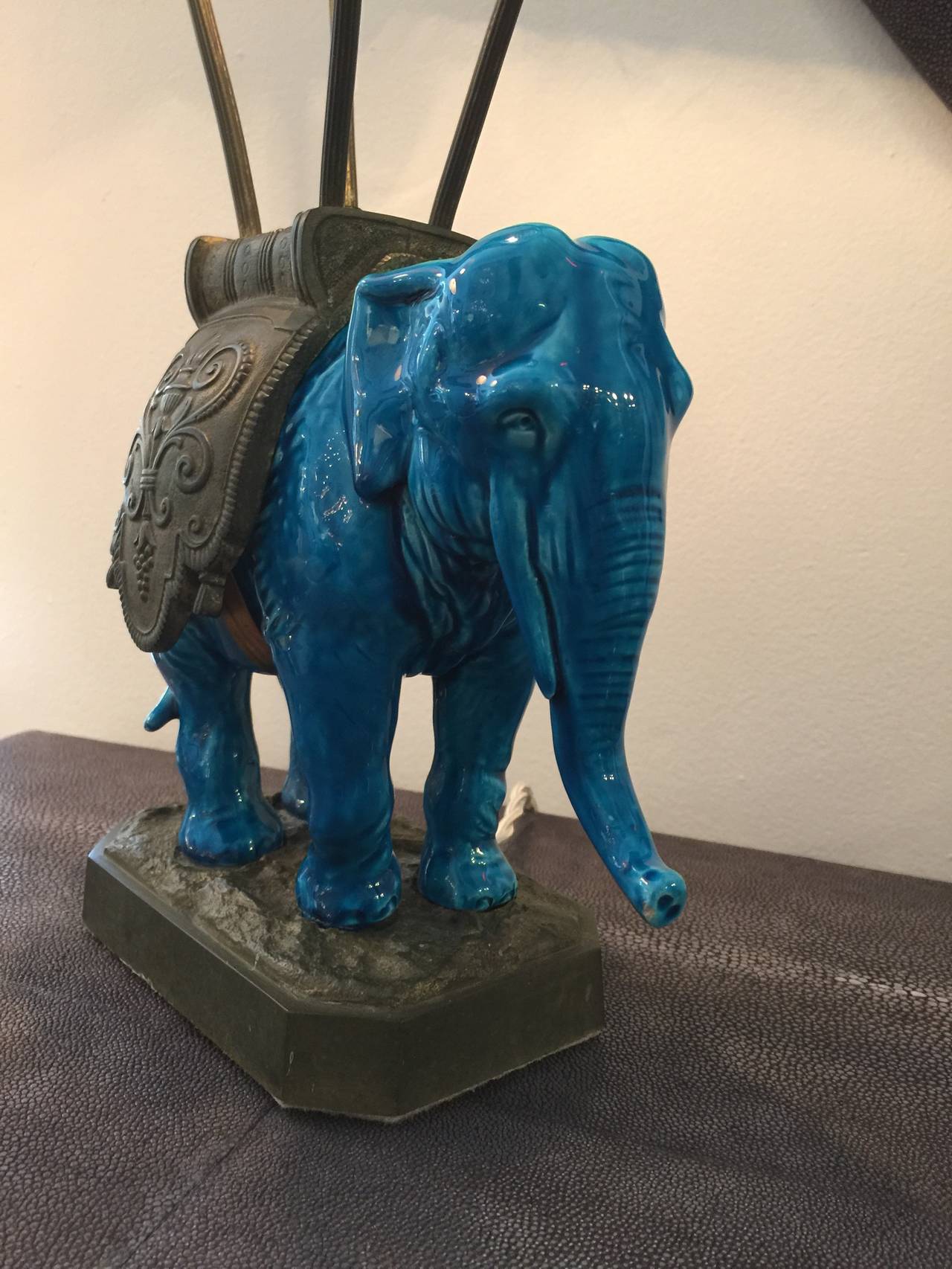 Brass Delightful English Blue Ceramic Elephant Table Lamp