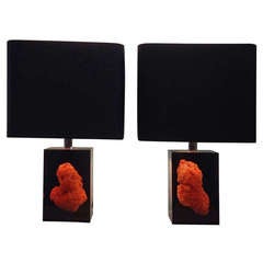Enchanting Lucite Block w/ Red Coral Specimens Table Lamps