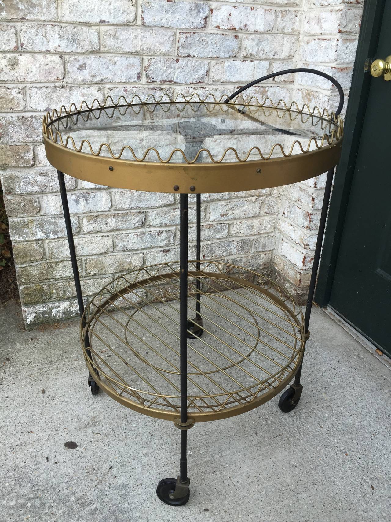 Mid-20th Century French Distressed Round Two-Tier Rolling Bar Cart