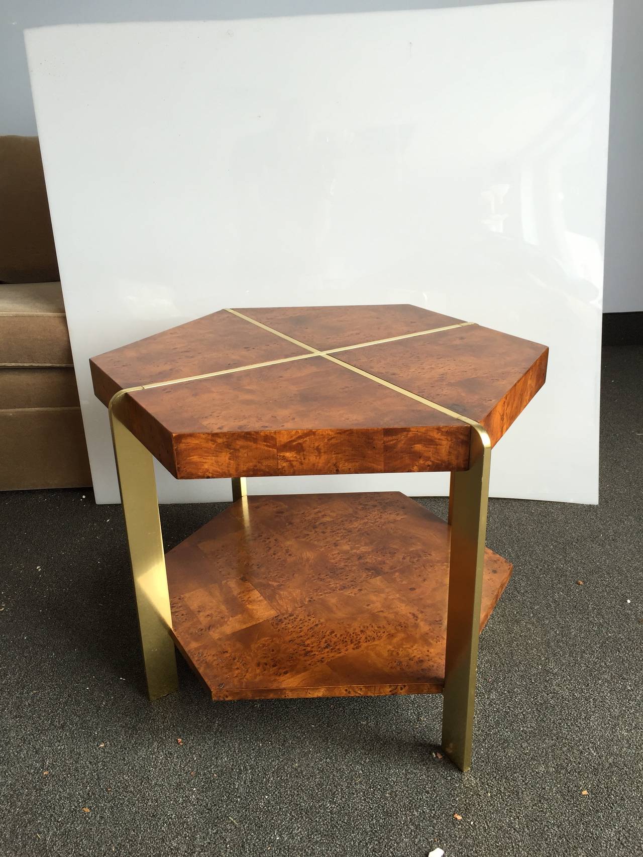 Mid-Century Modern 1970s Burl and Brass Octogonal Side Table  by Mastercraft