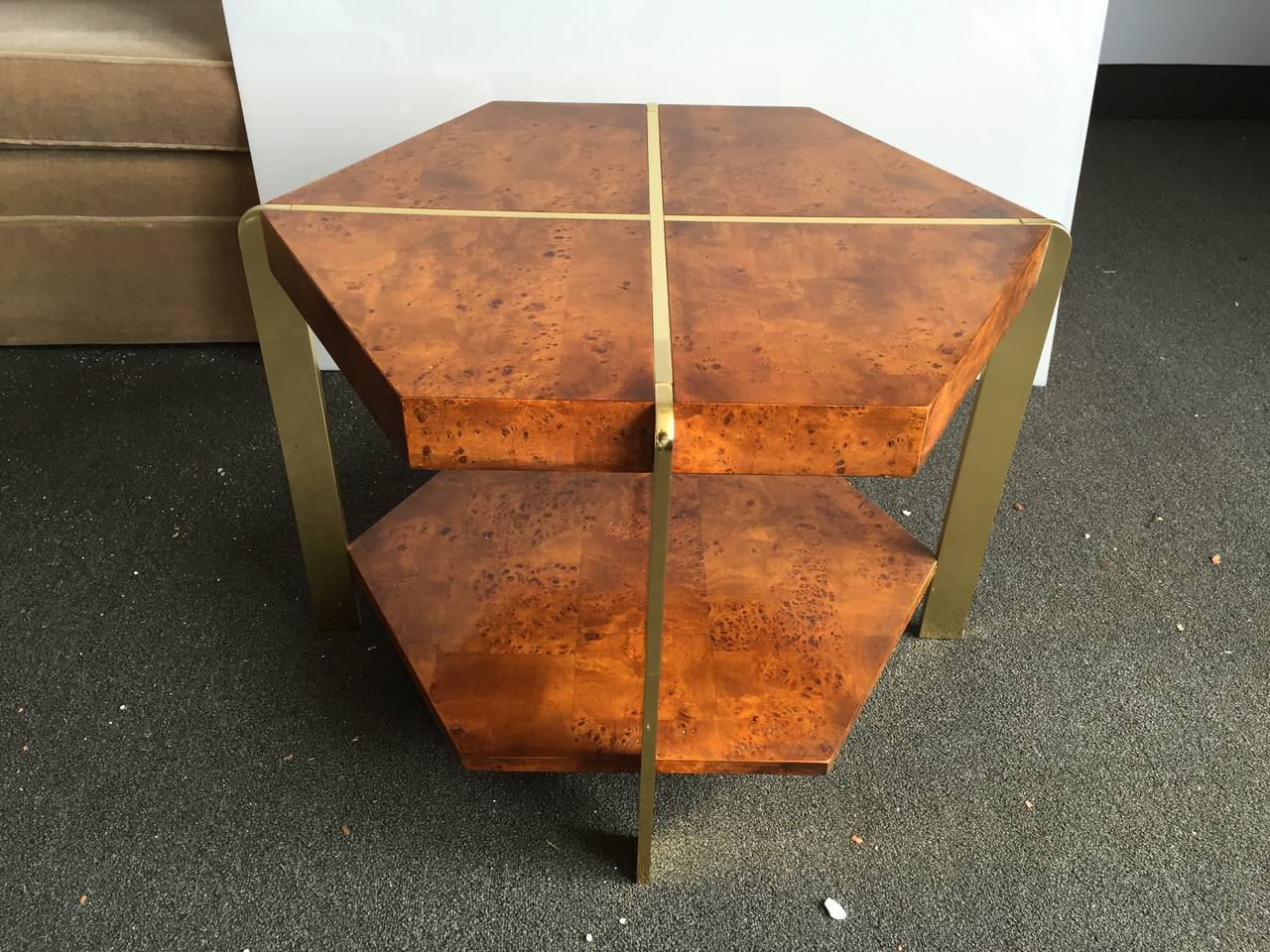 American 1970s Burl and Brass Octogonal Side Table  by Mastercraft