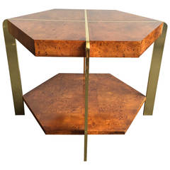 Antique 1970s Burl and Brass Octogonal Side Table  by Mastercraft