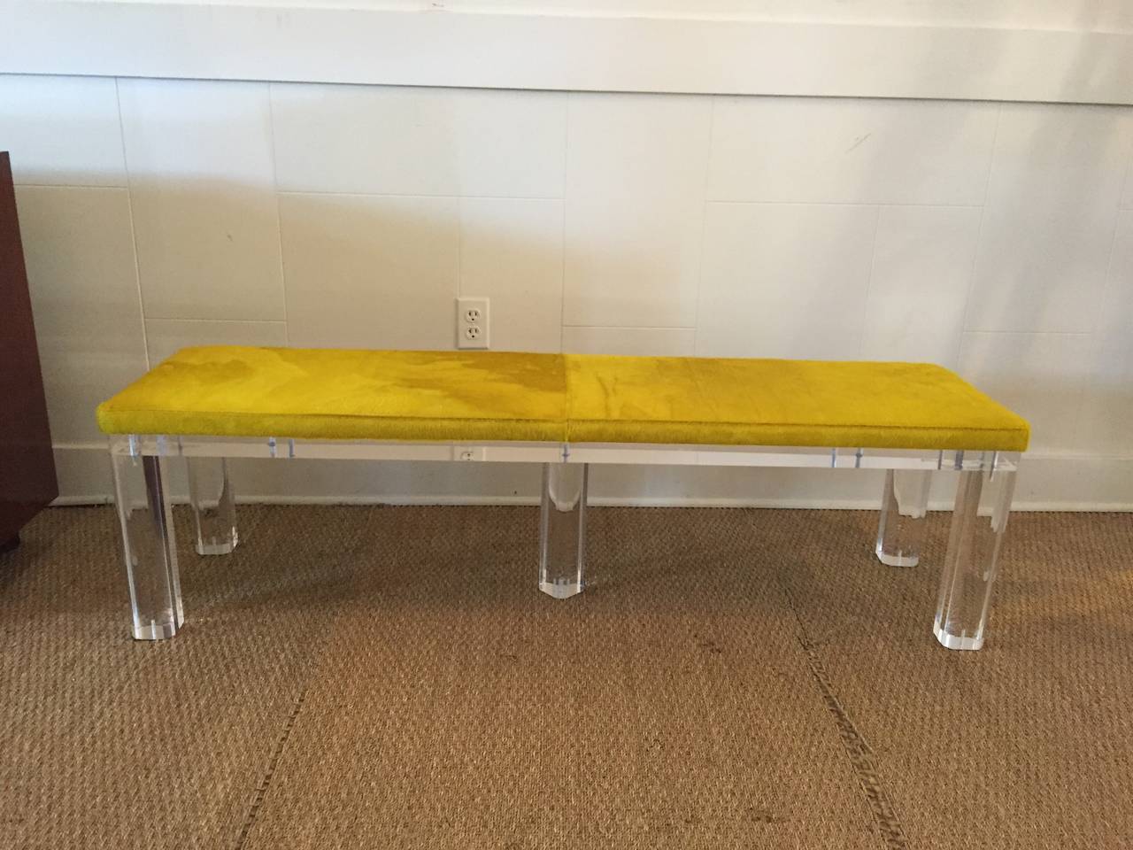 Thick Lucite Bench with Vibrant Cowhide Seat In Excellent Condition In East Hampton, NY