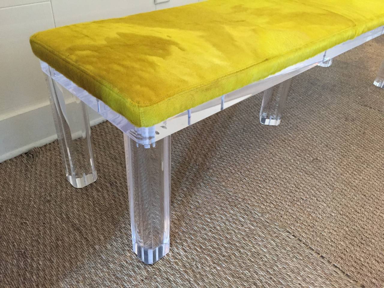 Mid-Century Modern Thick Lucite Bench with Vibrant Cowhide Seat