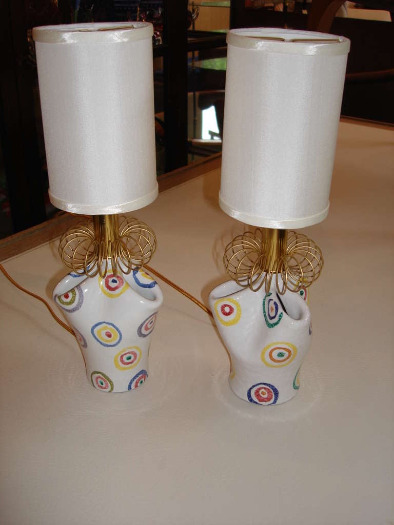 Mid-Century Modern Pair of Jouve Style Painted Ceramic Boudoir Lamps For Sale