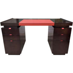 Retro Art Deco Style Ebonized Desk with Stitched Leather Pulls, Manner of Dupre Lafon