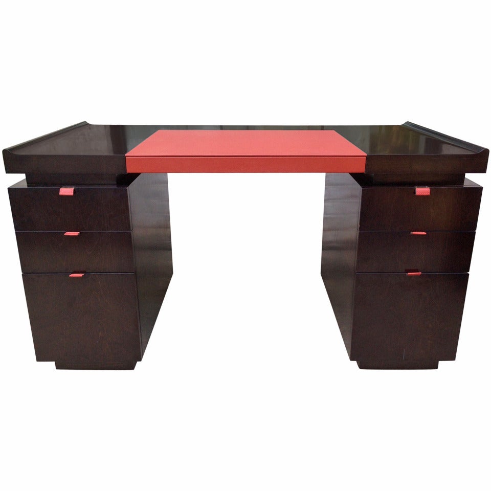 Art Deco Style Ebonized Desk with Stitched Leather Pulls, Manner of Dupre Lafon