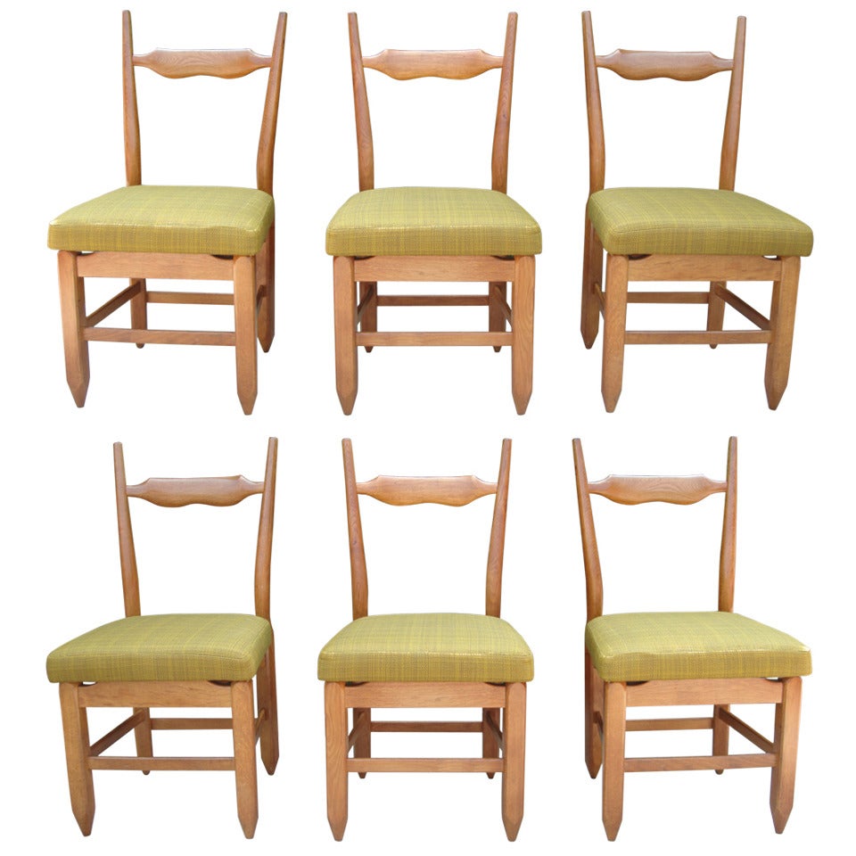Guillerme et Chambron Rare Set of Six French Oak Chairs lo