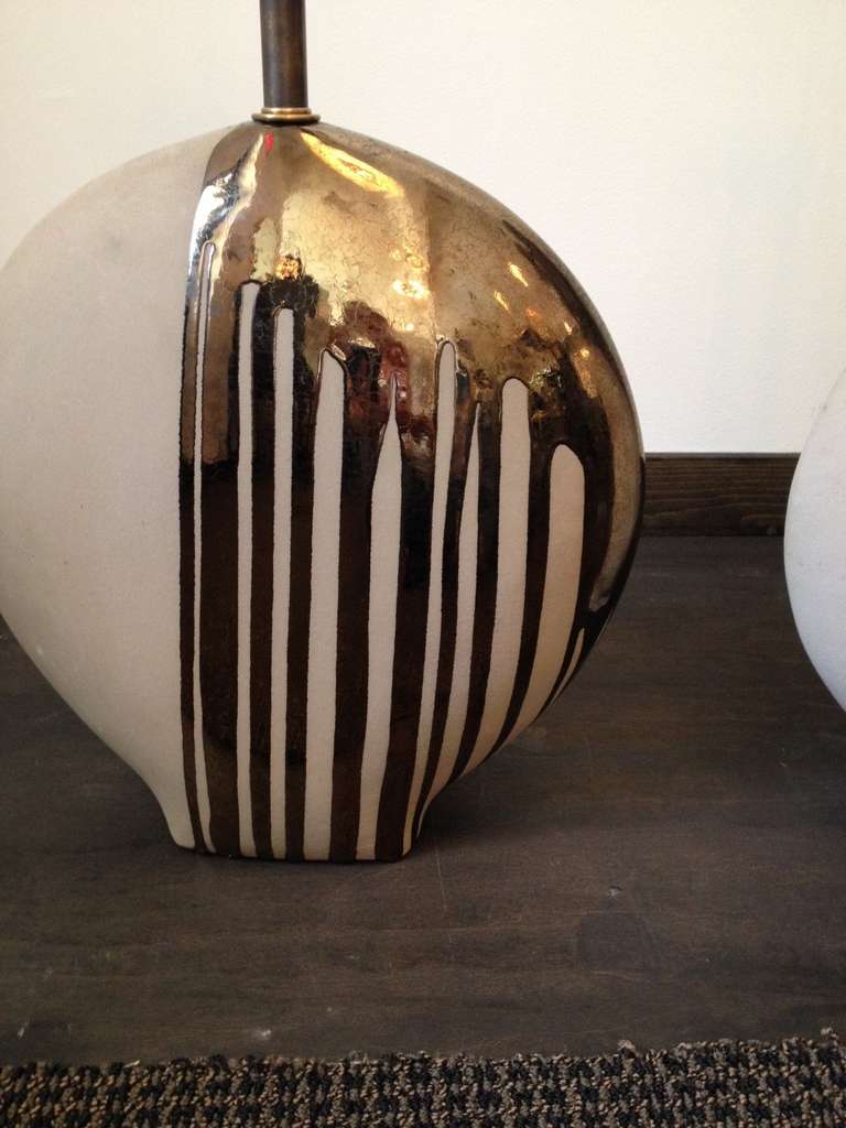 Ceramic Table Lamps with Bronze Metallic Drip Glaze In Excellent Condition In East Hampton, NY