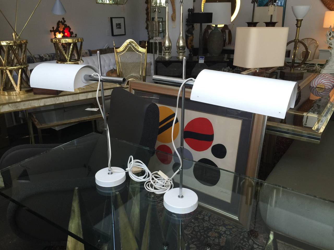 Modern adjustable table lamps. Period of manufacturing late 1960s. Produced by Artek. Metal structure with a white metal shade (adjustable in all positions) with a heavy base.

Great condition.
White painted aluminium shade.
Stand chromed