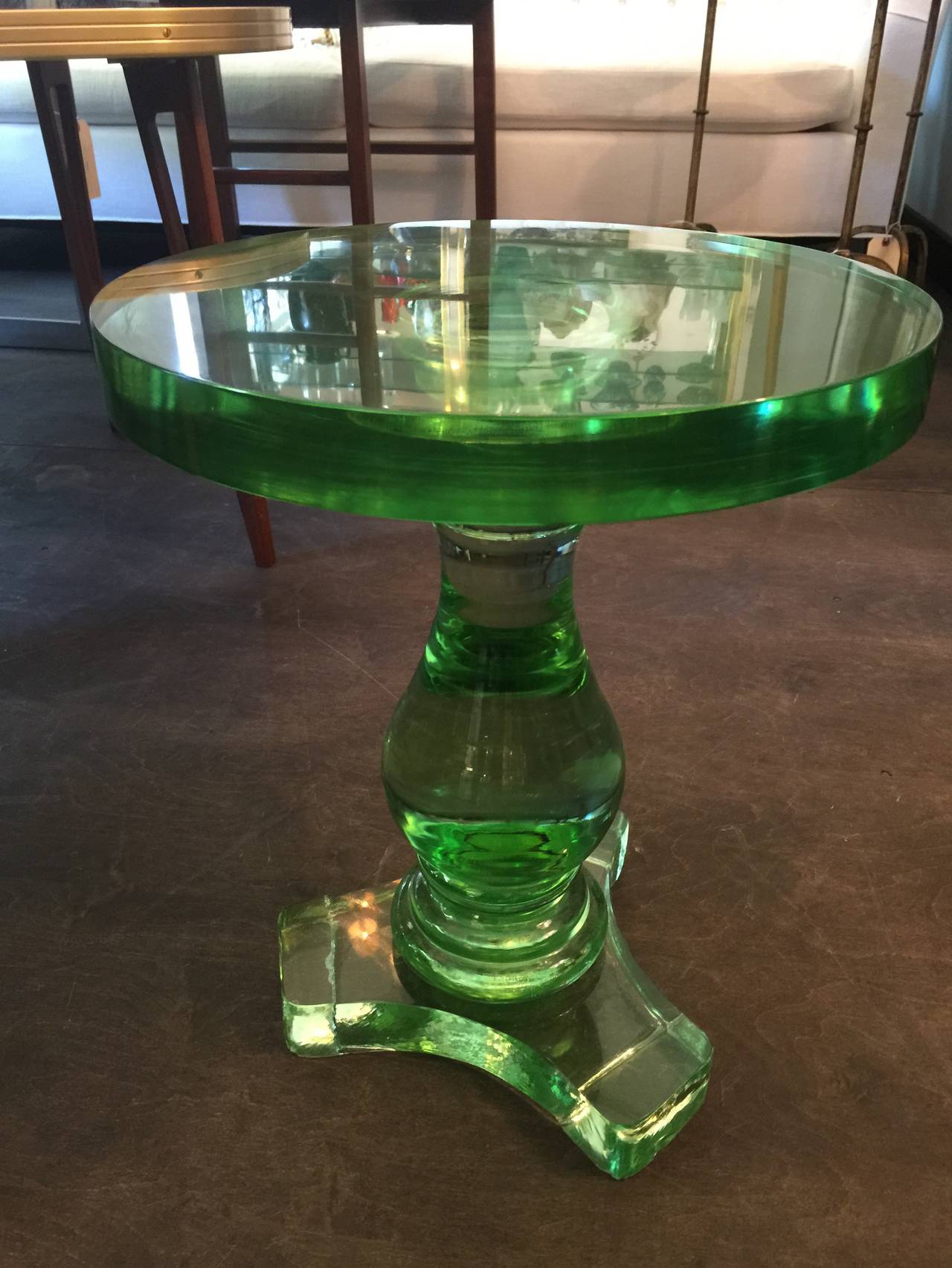 Absolutely stunning and made of thick, solid Murano glass. Petite  heavy side table - minor chips to base, hard to notice.
