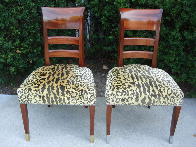 Three have brass sabots and three with nickel over brass (as found in France). They are intended to be used alternating finishes. Tapered legs with squared sabots.

Nailhead trim to seats with cheetah silk velvet. All in excellent condition.