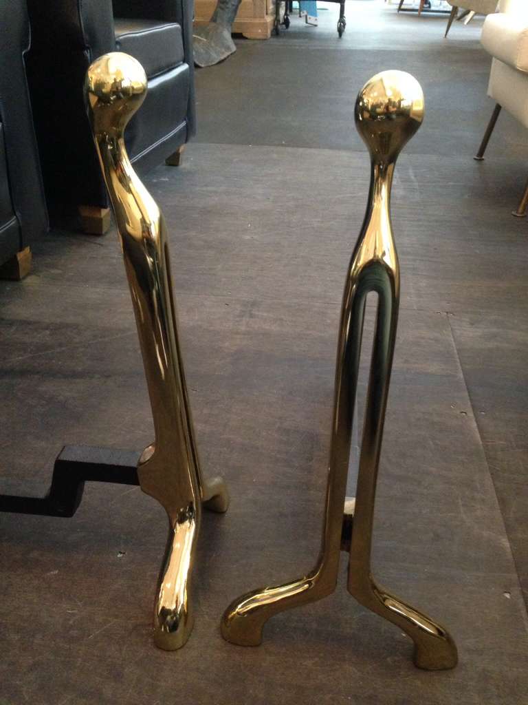 Pair of Modernist Brass Andirons by Virginia Metalcrafters In Excellent Condition In East Hampton, NY