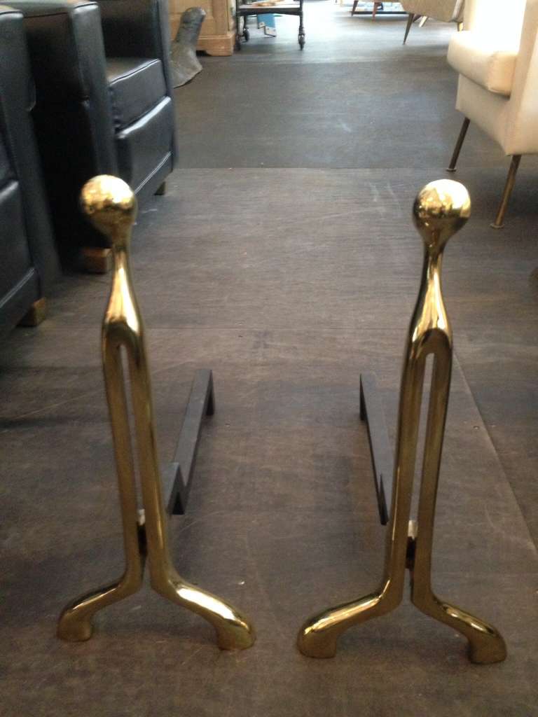 Late 20th Century Pair of Modernist Brass Andirons by Virginia Metalcrafters