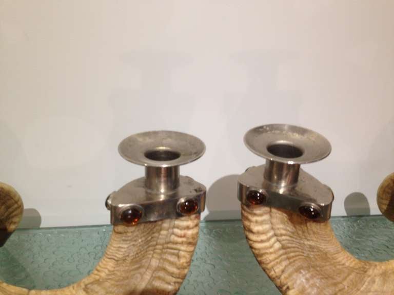 American Pair of Ram Horn & Glass Cabochon Candlesticks