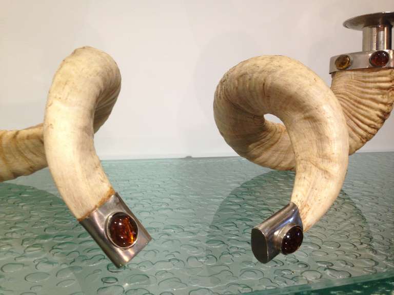 Mid-20th Century Pair of Ram Horn & Glass Cabochon Candlesticks