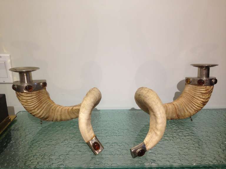Pair of Ram Horn & Glass Cabochon Candlesticks In Excellent Condition In East Hampton, NY