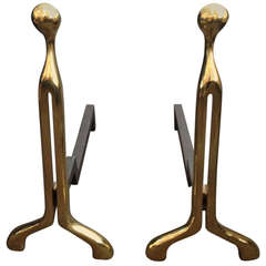 Pair of Modernist Brass Andirons by Virginia Metalcrafters