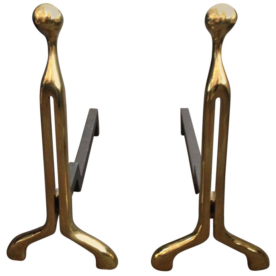 Pair of Modernist Brass Andirons by Virginia Metalcrafters