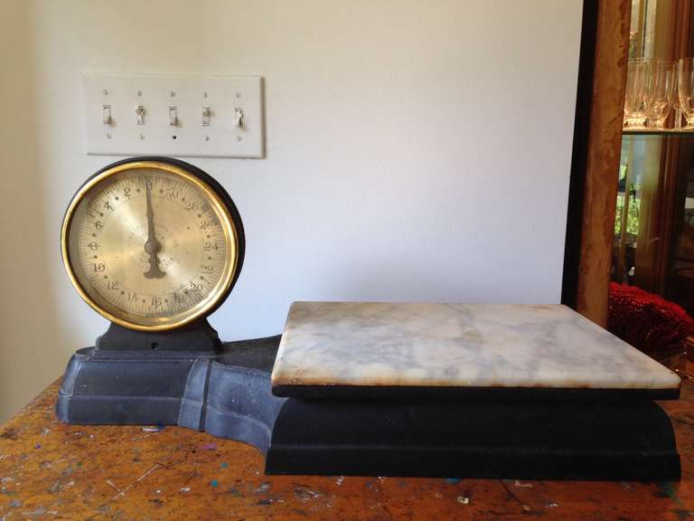 ALL original, this fun and well preserved antique market scale from 1878 is FULLY functioning and double sided face with original marble.  Made by John Chatillon & Sons in New York.