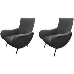 Pair of Cashmere and Leather Zanuso Style Lounge Chairs