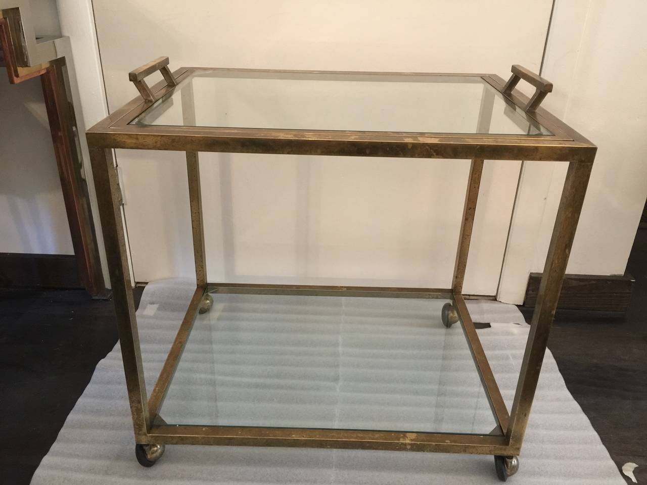 Glass Art Deco Style Patinated Brass Drinks Cart