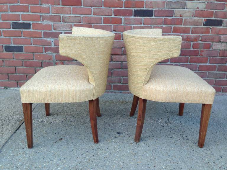 Classic mid-century woven wool fabric on these beautiful curve back slipper chairs in Klismos style.  Tapered walnut legs are solid.  There are TWO pairs in different fabrics if you need 4 chairs total.  See other listings on our website.