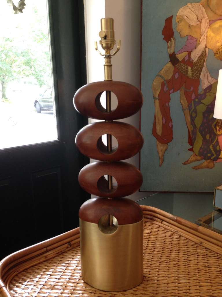 Mid-Century Modern Architectural Stacked Walnut Ovals Table Lamps For Sale